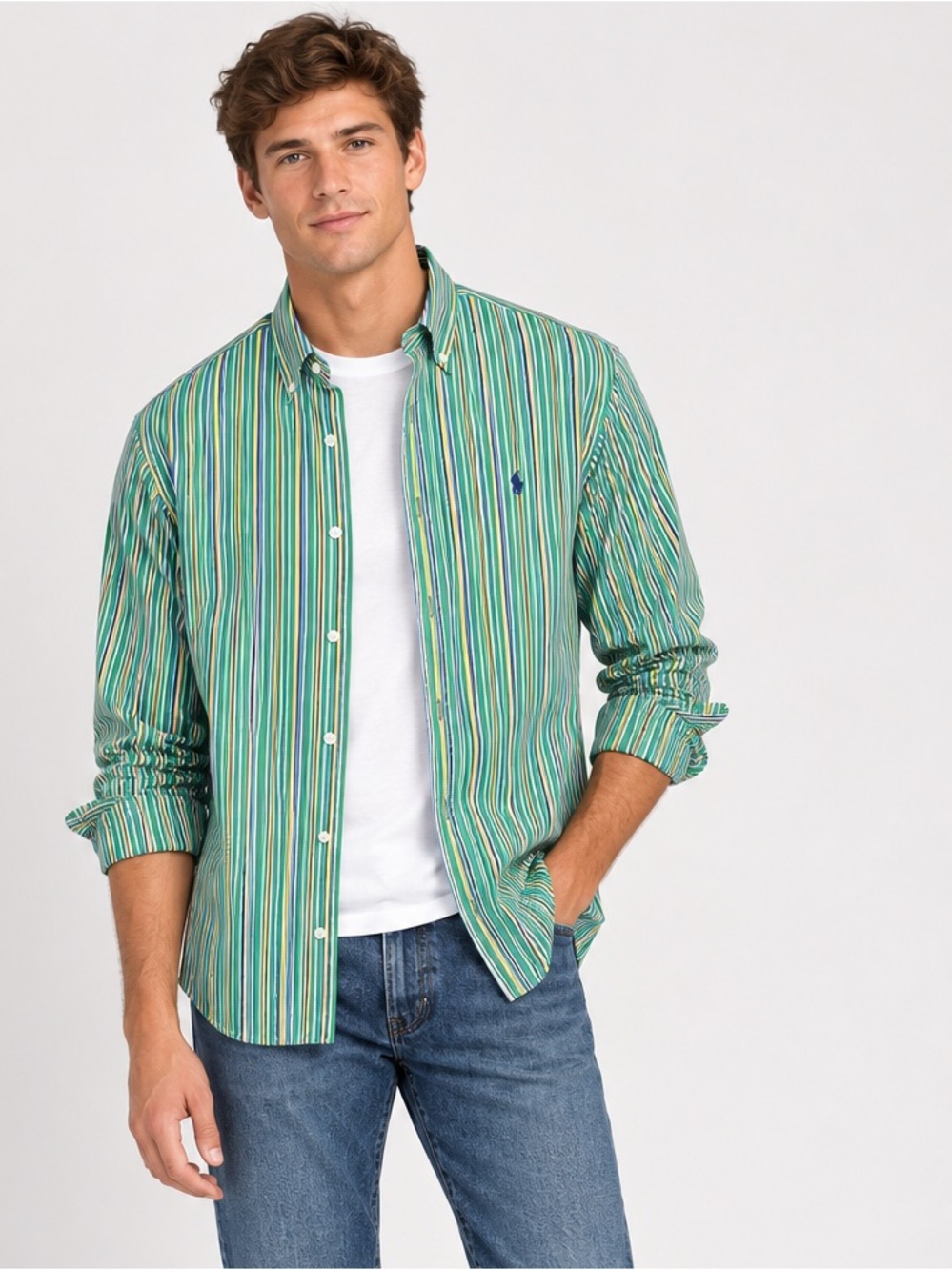 Polo Ralph Lauren Mens XL Classic Fit Green Blue Stripe Long Sleeve Button Shirt
